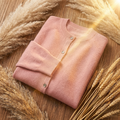 Soft pink Merino wool cardigan with a classic button-down front, folded neatly on a rustic wooden surface with dried wheat.