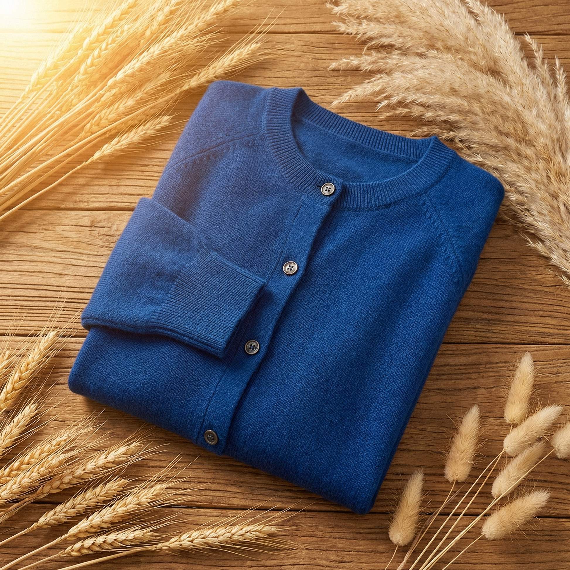 Blue Merino wool cardigan with a classic button-up front, folded on a rustic wooden table with dried wheat stalks.