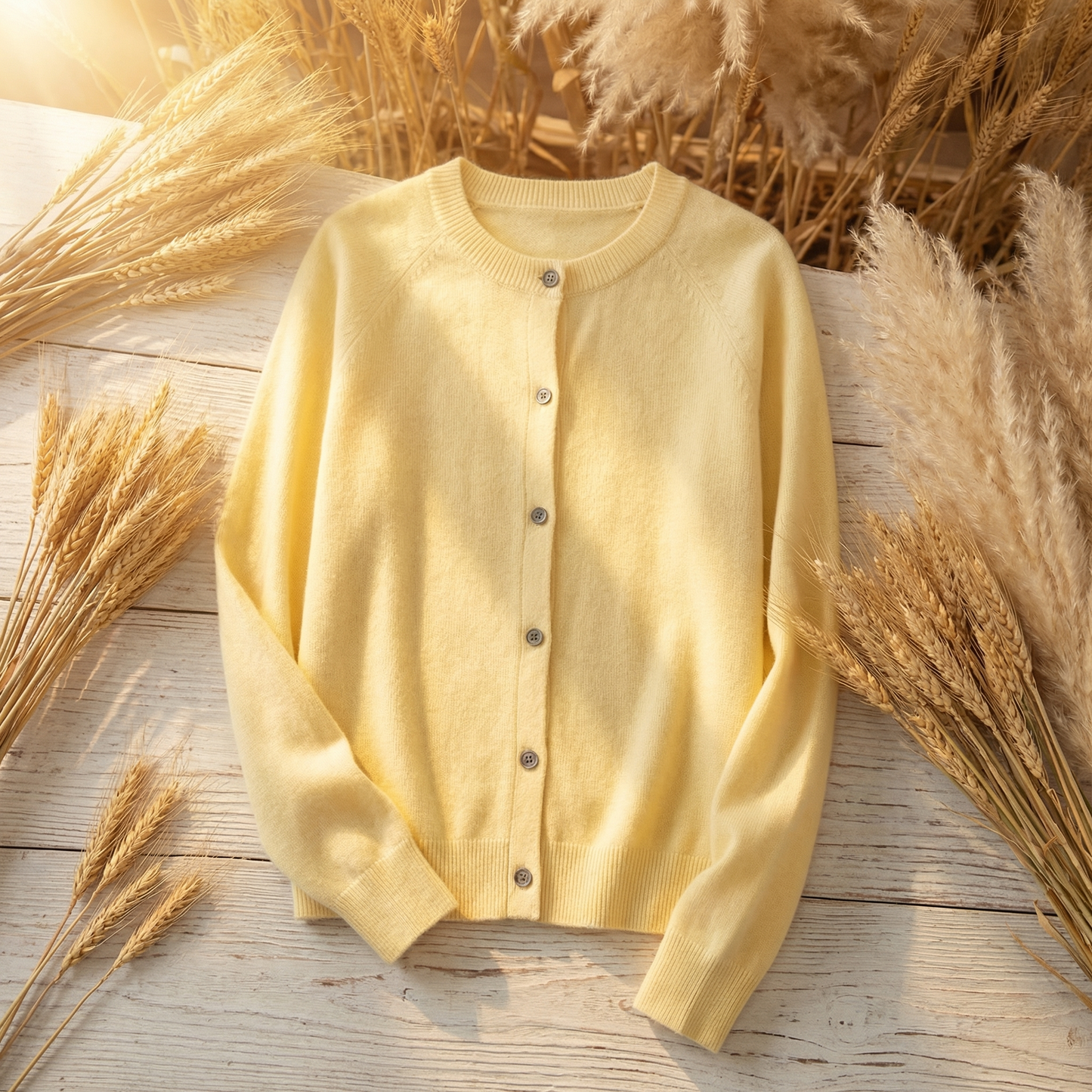 Soft yellow Merino wool cardigan with a classic button-front design and long sleeves, displayed on a rustic wooden surface.