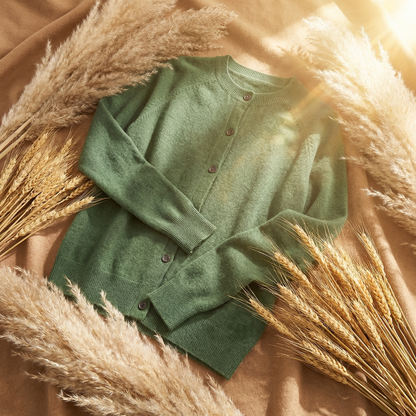 Sage green Merino wool cardigan with a classic button-down front, long sleeves, and a delicate knit texture.