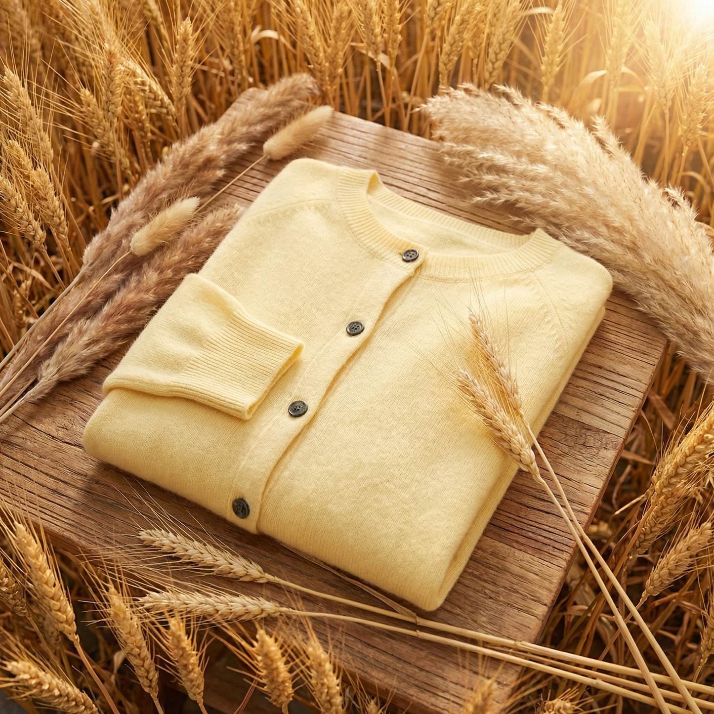 Soft yellow Merino wool cardigan with a classic button-down design, folded neatly on a wooden surface amidst autumn wheat.