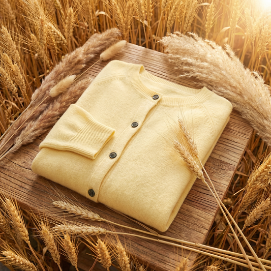 Soft yellow Merino wool cardigan with a classic button-down design, folded neatly on a wooden surface amidst autumn wheat.