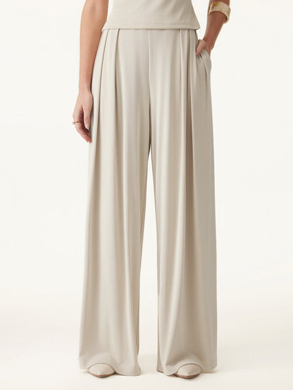 Women's Mid Rise Pleated Wide Leg Palazzo Trousers for Casual Wear