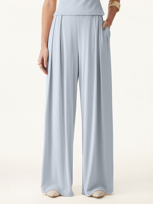 Women's Mid Rise Pleated Wide Leg Palazzo Trousers for Casual Wear
