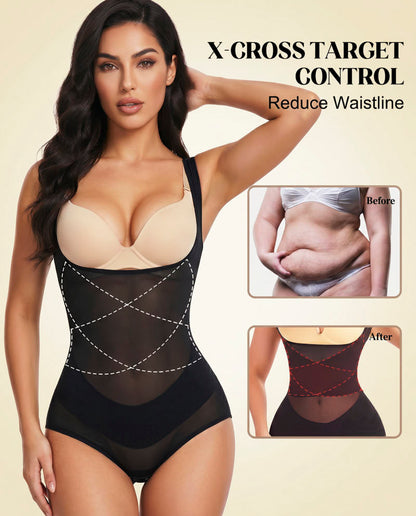 Women's Open Bust Body Shaper with Cross Compression for Formalwear