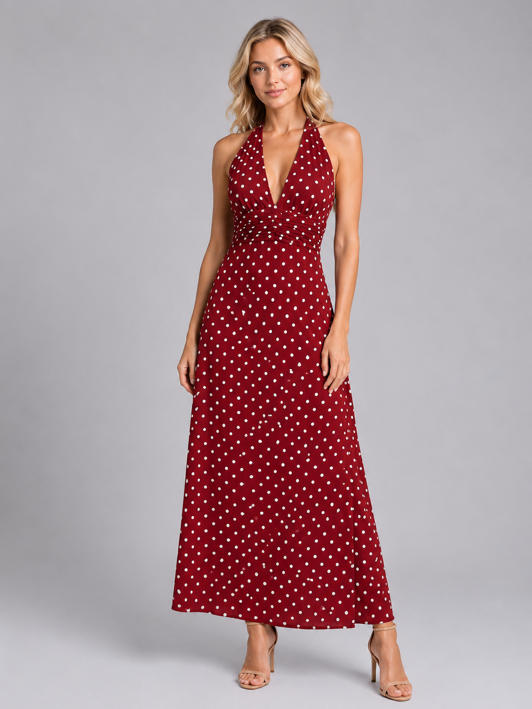 Women's Polka Dot Halter Maxi Dress for Dinners This Summer