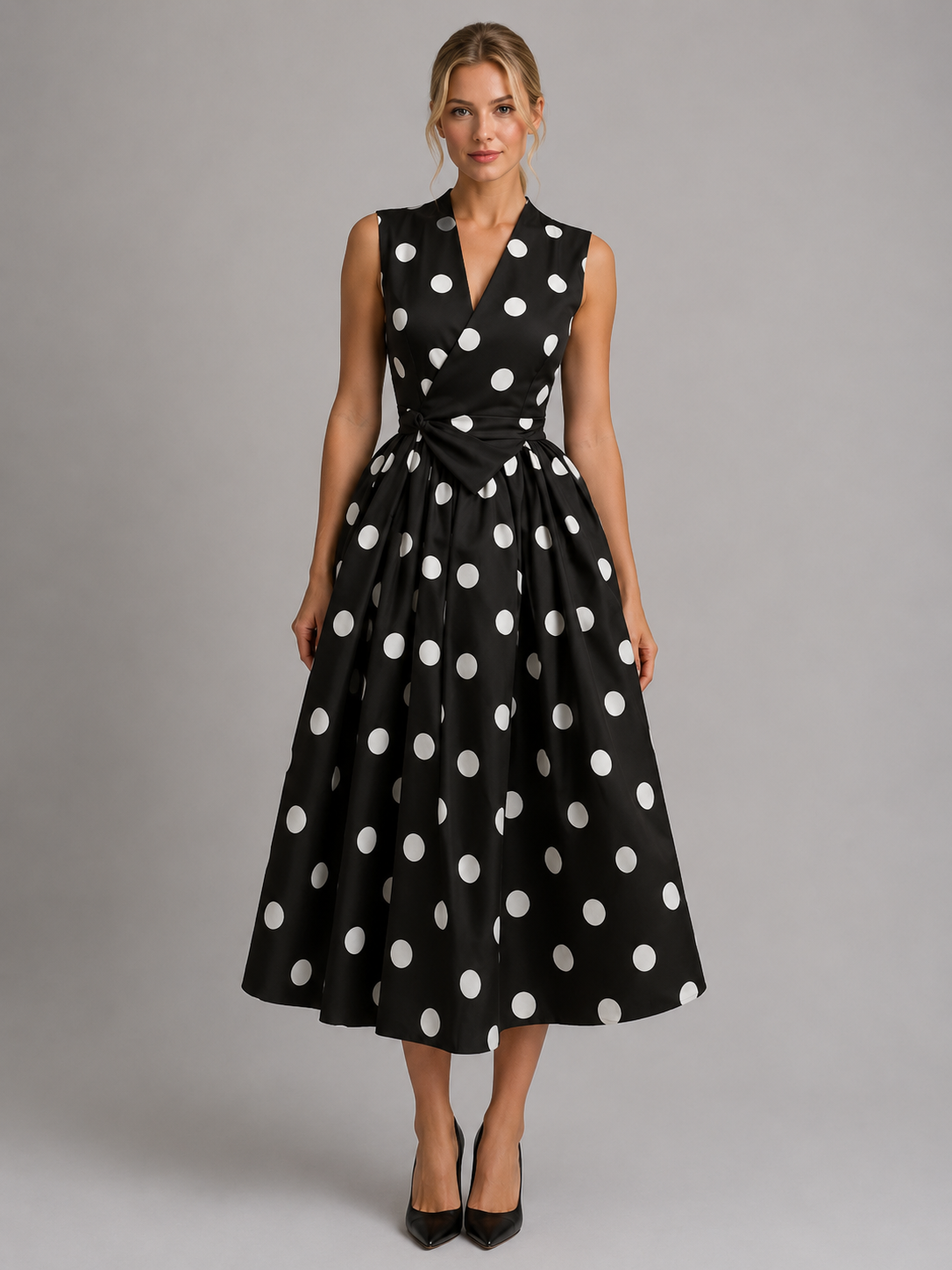 Women's Polka Dot Midi Dress with V-Neck for Summer