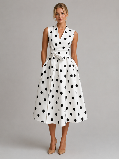 Women's Polka Dot Midi Dress with V-Neck for Summer