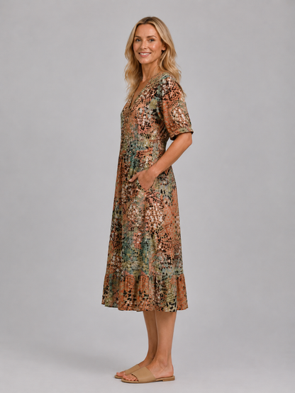 Women's Printed Midi Dress with Pockets for Holidays