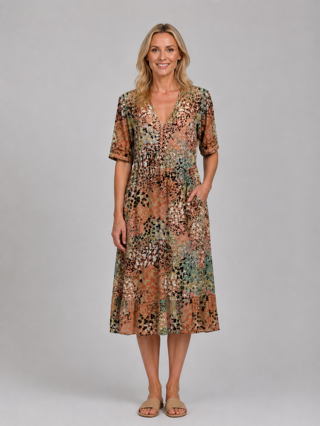 Women's Printed Midi Dress with Pockets for Holidays