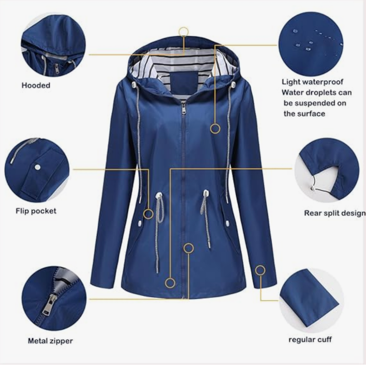 Women's Rain Jacket with Hood Sealed Front Closure for Work