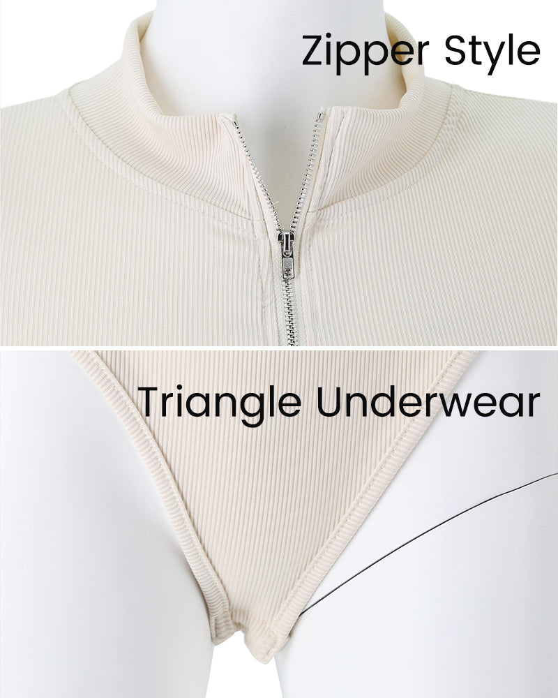 Women's Ribbed Bodysuit with Half-Zip for Layering