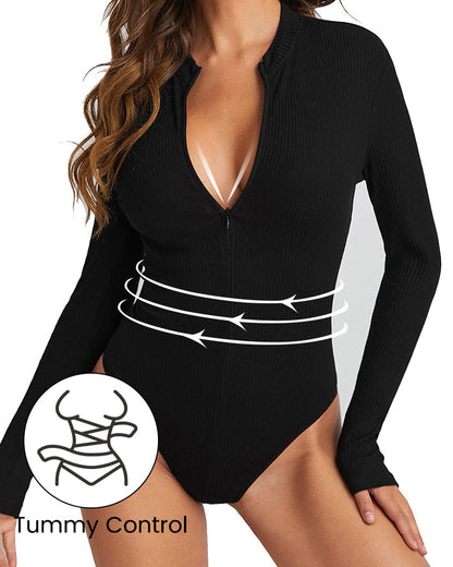 Women's Ribbed Bodysuit with Half-Zip for Layering