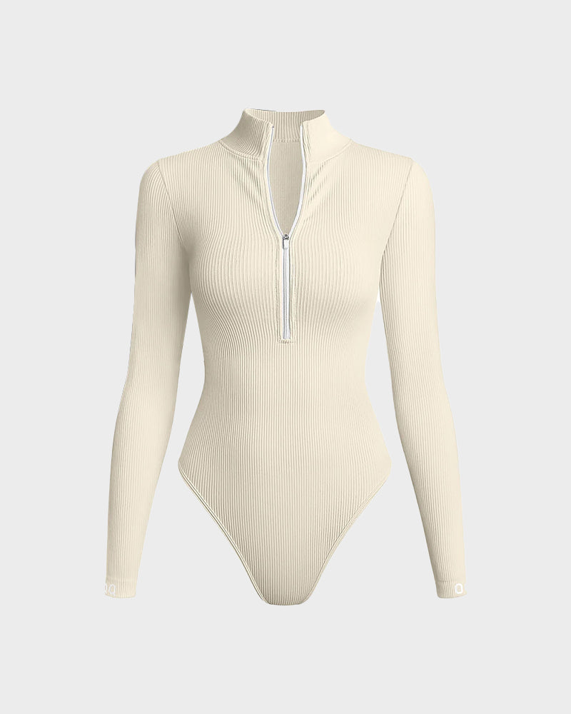 Women's Ribbed Bodysuit with Half-Zip for Layering