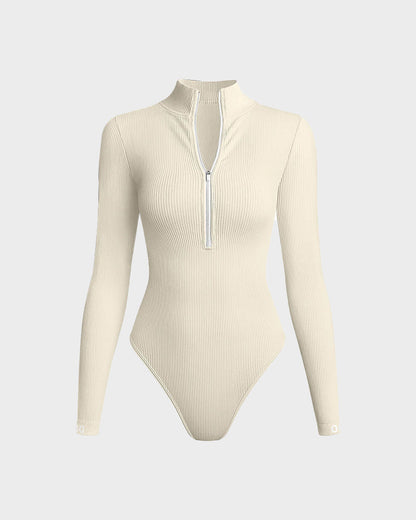 Women's Ribbed Bodysuit with Half-Zip for Layering