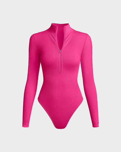 Women's Ribbed Bodysuit with Half-Zip for Layering
