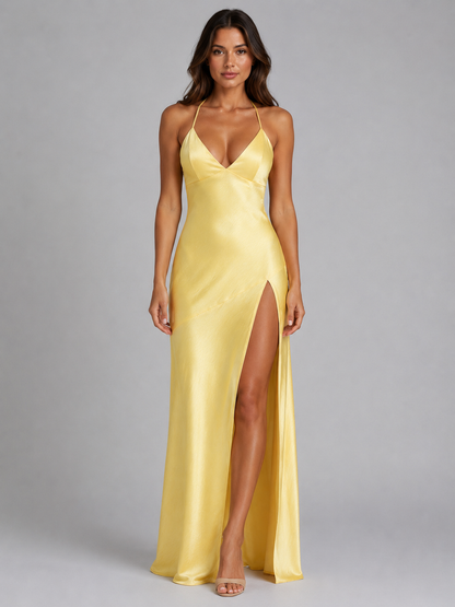 Women's Satin Maxi Dress with High Split for Elegant Evenings