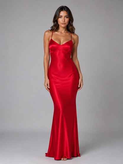 Women's Satin Maxi Dress with Open-Back for Evening Events