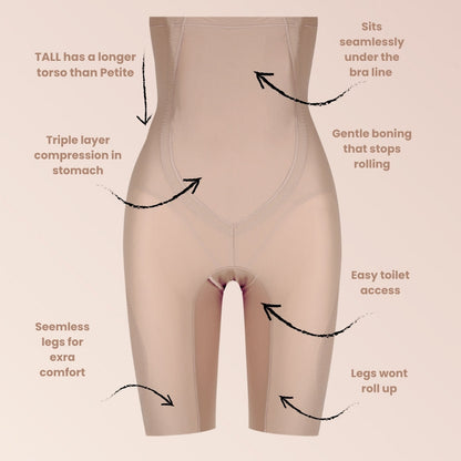 Beige high-waisted tall-fit shapewear shorts with targeted compression, seamless legs, and a convenient crotch opening.