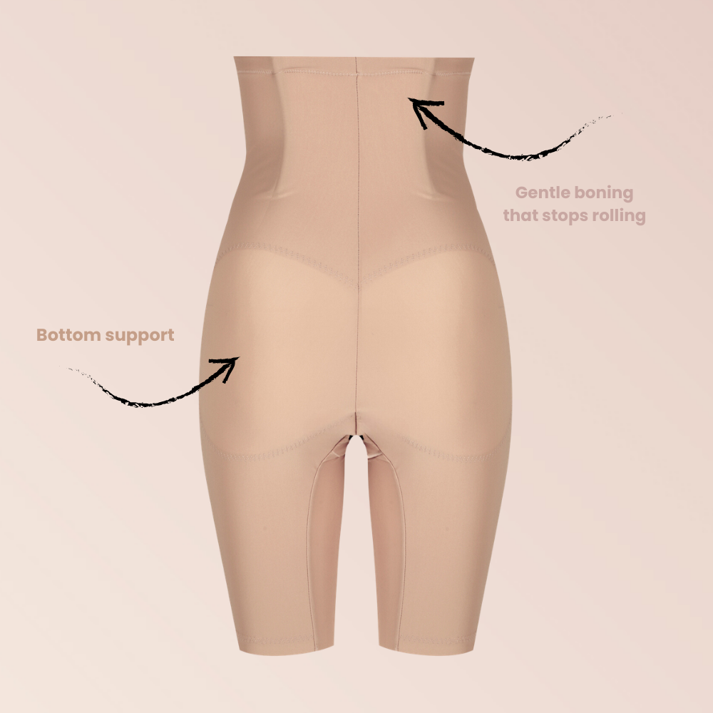 Beige high-waisted shapewear shorts for tall women featuring targeted compression, bottom support, and anti-roll boning.