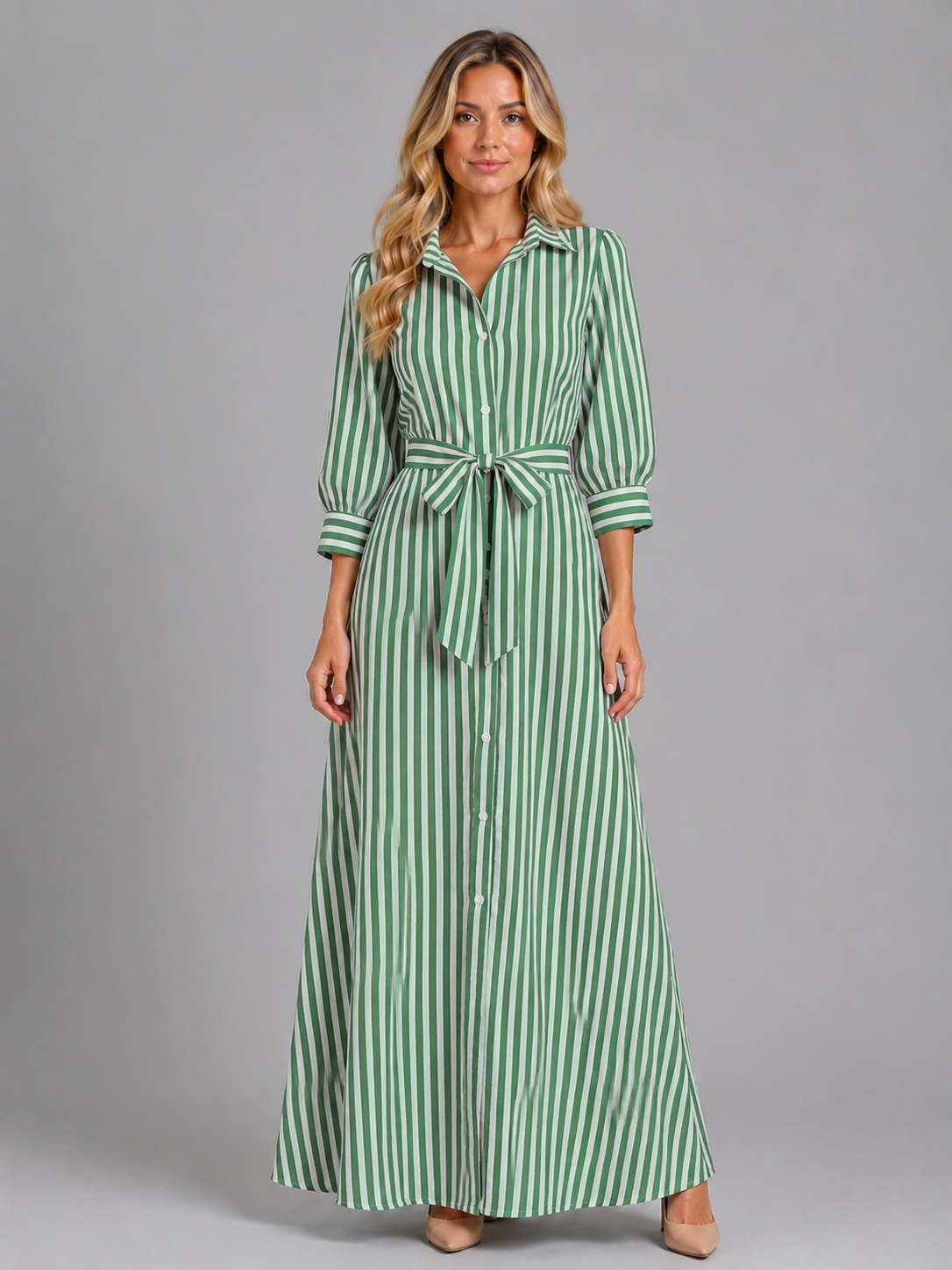 Women's Striped Maxi Dress with Self-tie Waist for Casual