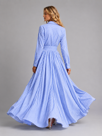 Women's Striped Shirt Maxi Dress Cinched Waist for Casual