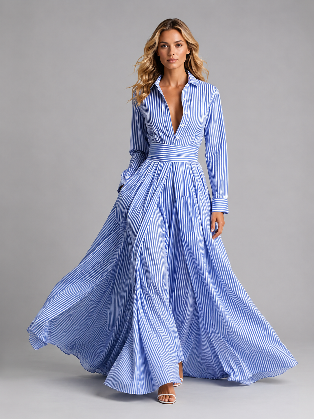 Women's Striped Shirt Maxi Dress Cinched Waist for Casual