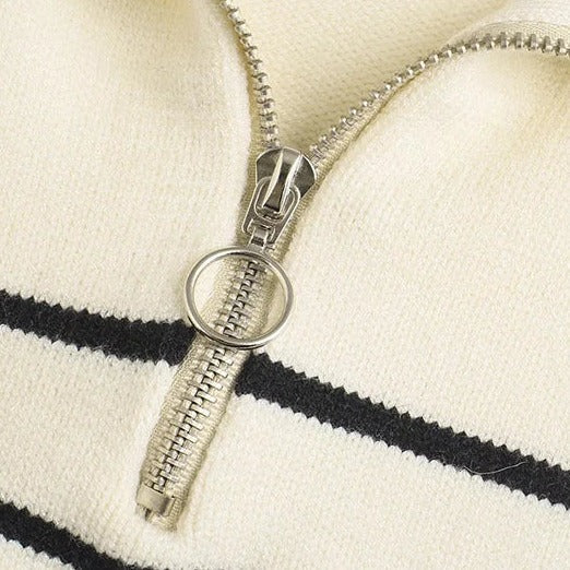 Women's Striped Knit Sweater for Work with Half-Zip