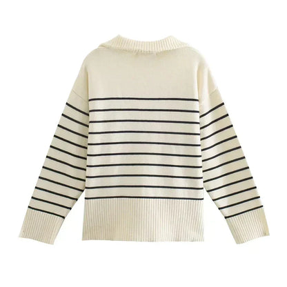 Women's Striped Knit Sweater for Work with Half-Zip