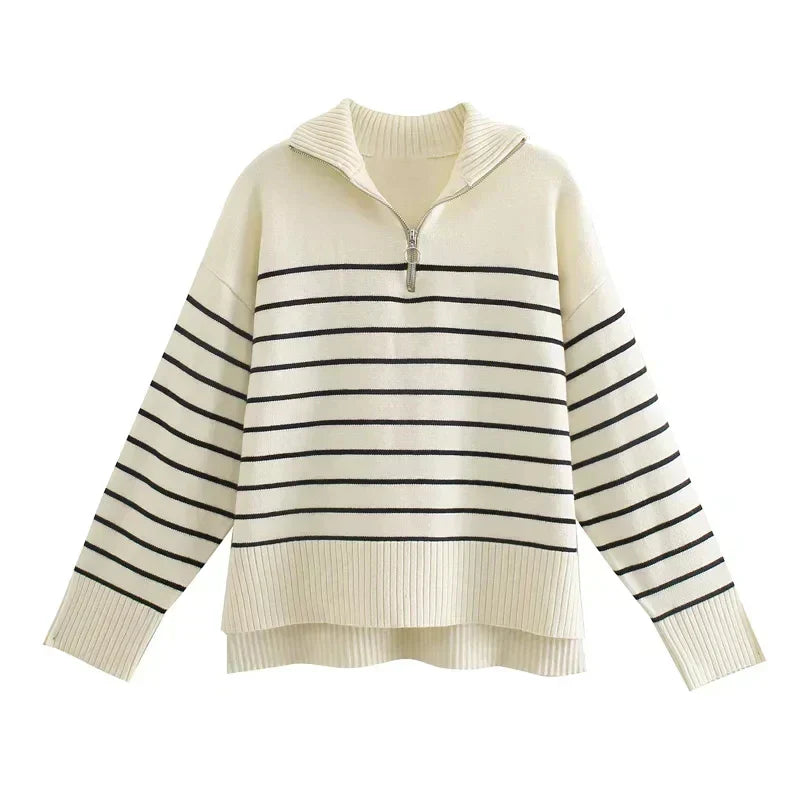 Women's Striped Knit Sweater for Work with Half-Zip