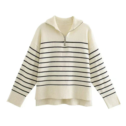 Women's Striped Knit Sweater for Work with Half-Zip