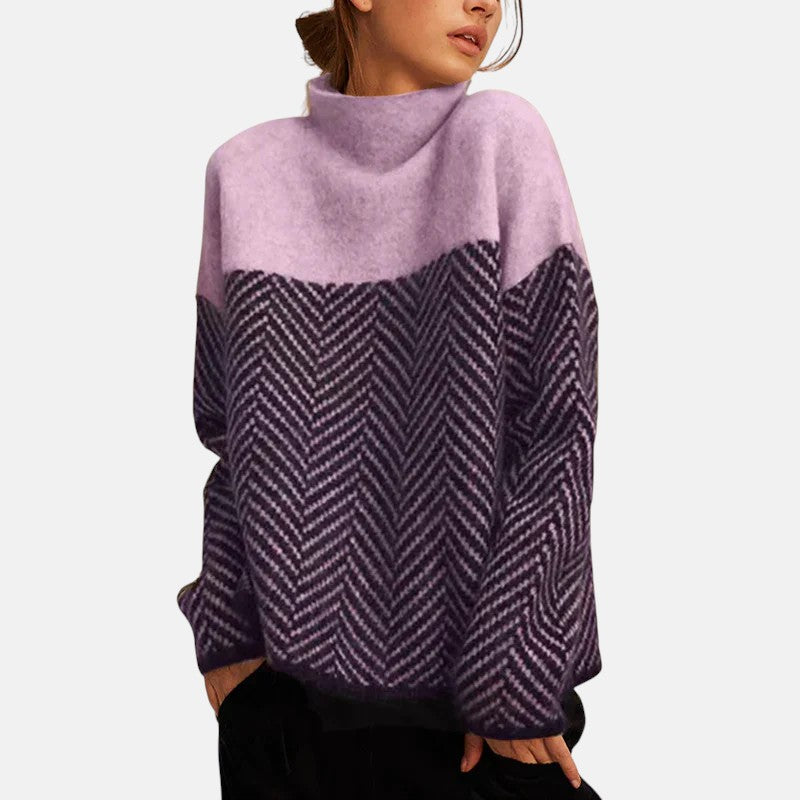 Women's Sweater with Two-Tone Herringbone Knit for Autumn