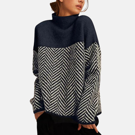 Women's Sweater with Two-Tone Herringbone Knit for Autumn