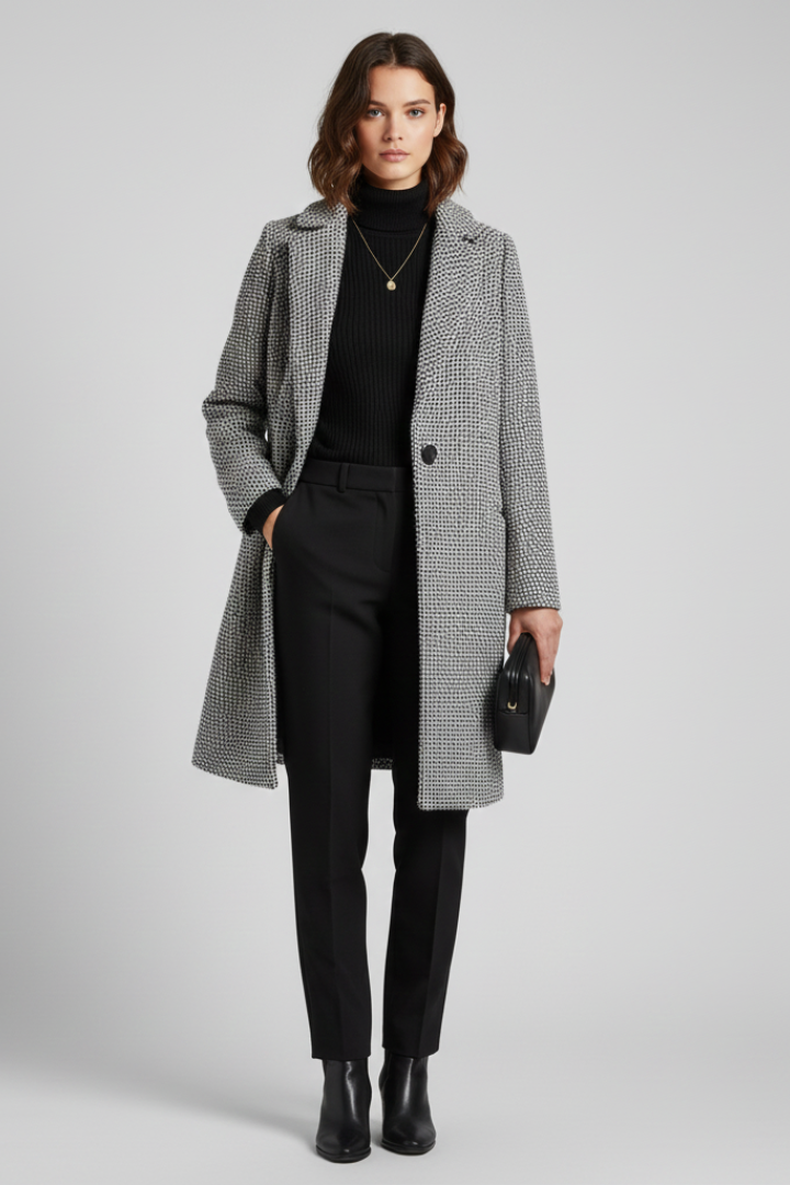 Women's Woven Coat with Blazer Collar Detail for Work